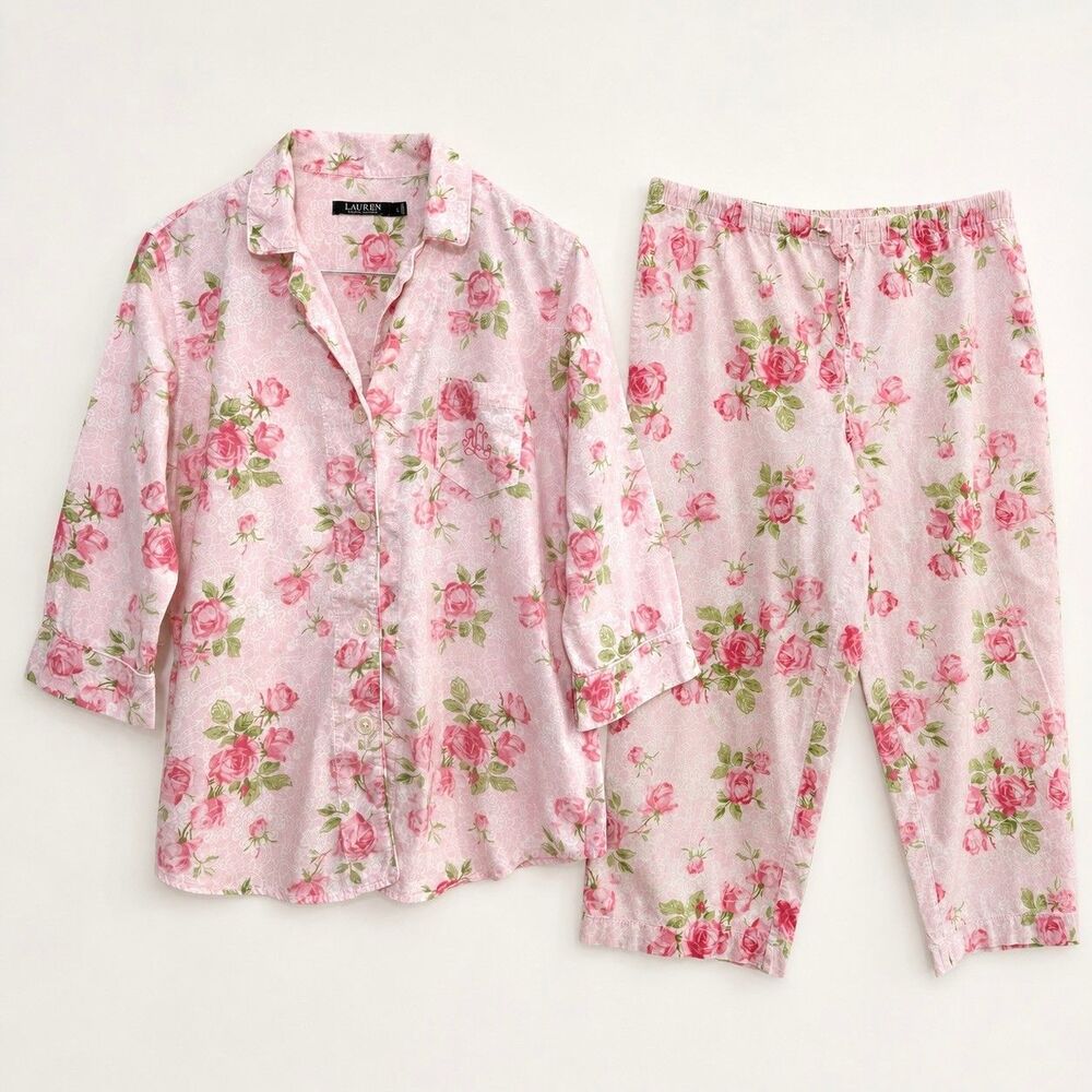Lauren Ralph Lauren Pajamas Set L Pink Rose Floral Long Sleeve Top Cottagecore